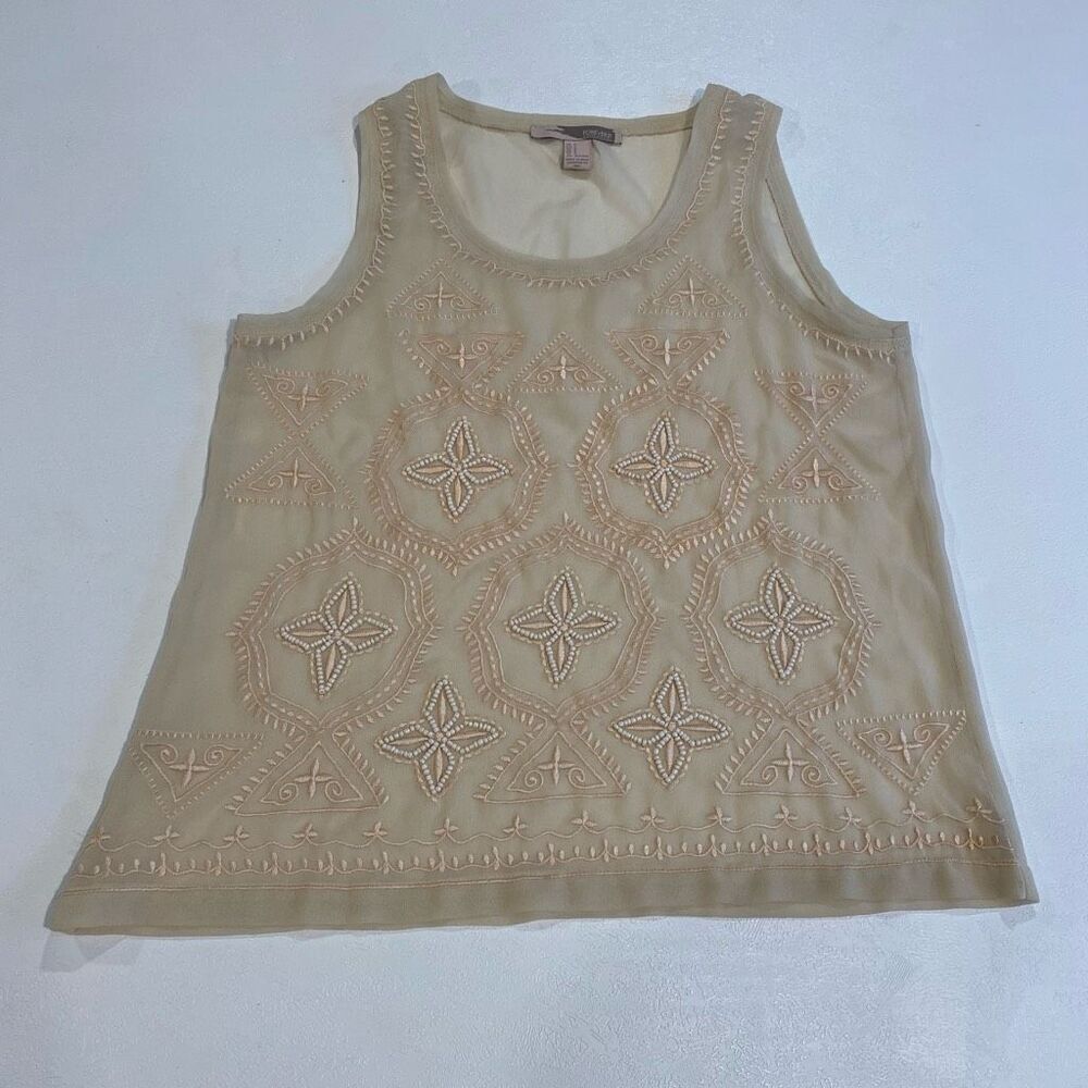 Forever 21 Contemporary Boho Embroidered Tank Top Small Beige Sleeveless Festiva
